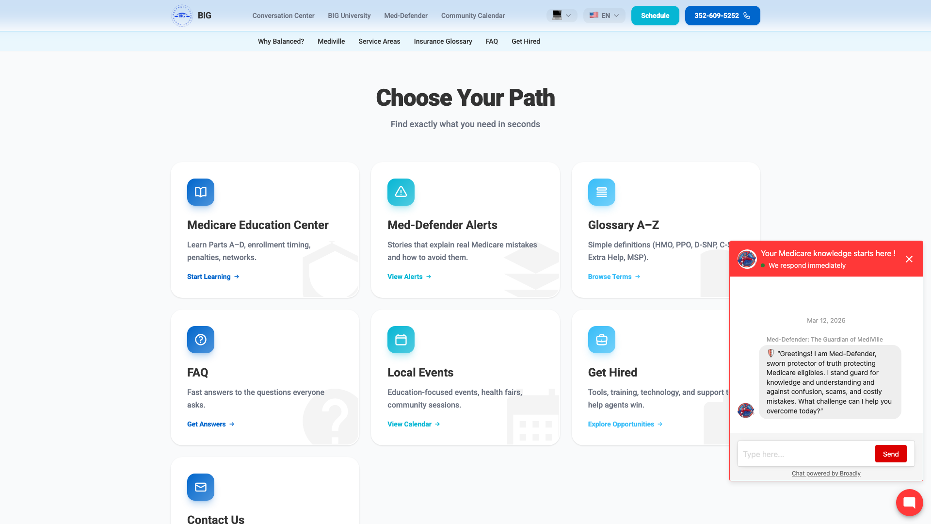 Screenshot of Balanced Insurance Group contact section with community events calendar and lead capture form