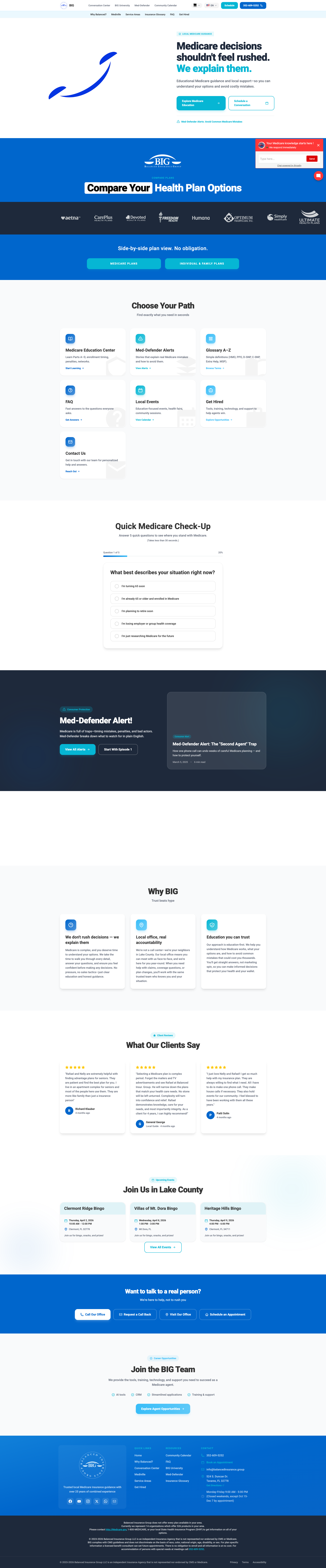 Screenshot of Balanced Insurance Group home page with hero section, services overview, and contact information