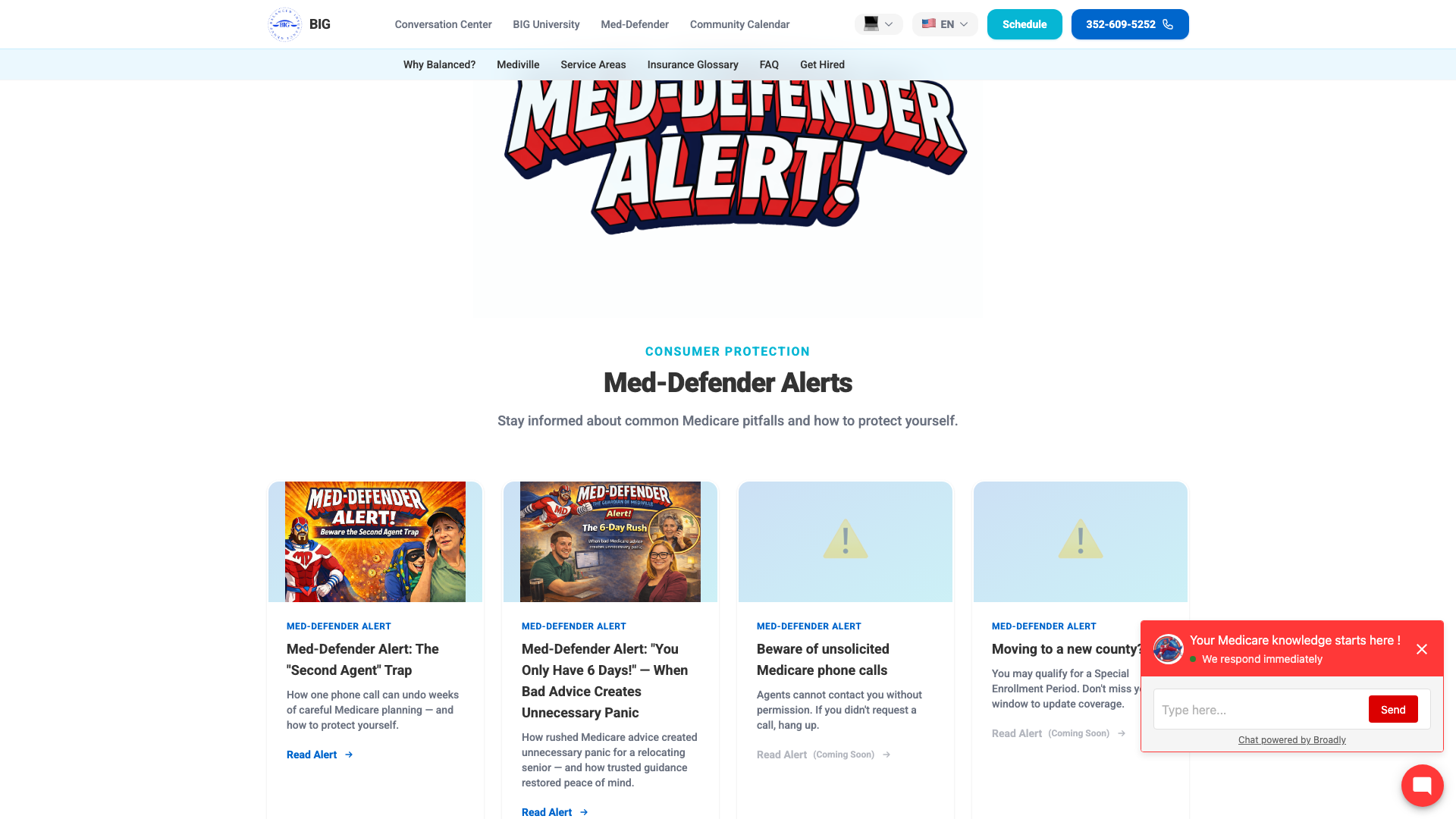 Screenshot of Balanced Insurance Group Med Defender alerts section showing scam warnings and fraud alerts