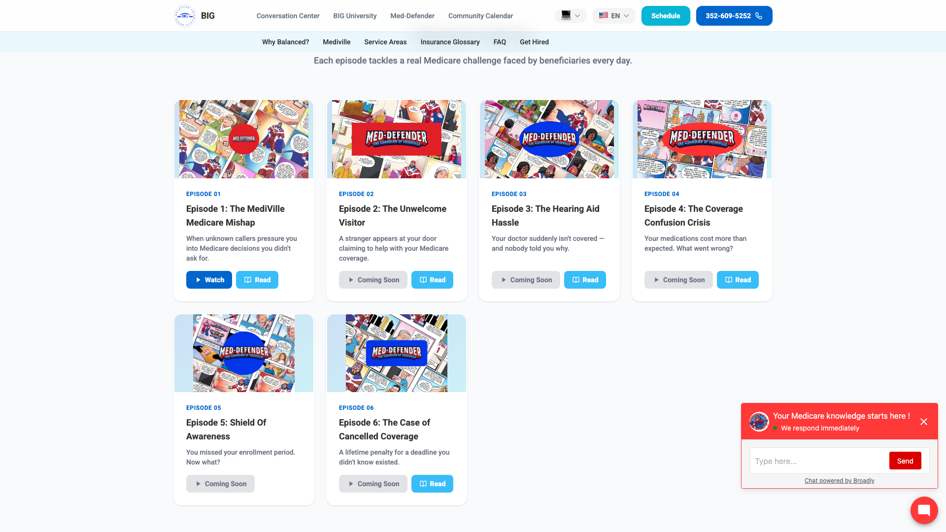 Screenshot of Balanced Insurance Group Med Defender episodes section showing educational video content